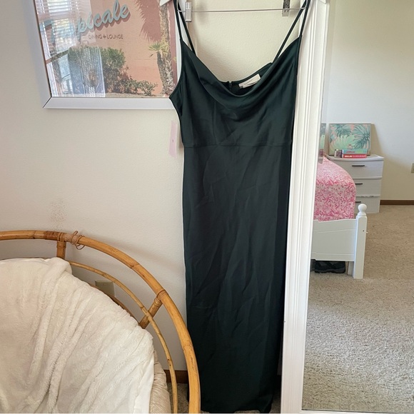 Anthropologie BHLDN Cali Satin Charmeuse Midi Dress in Dark Emerald Green 12 New - Picture 2 of 5